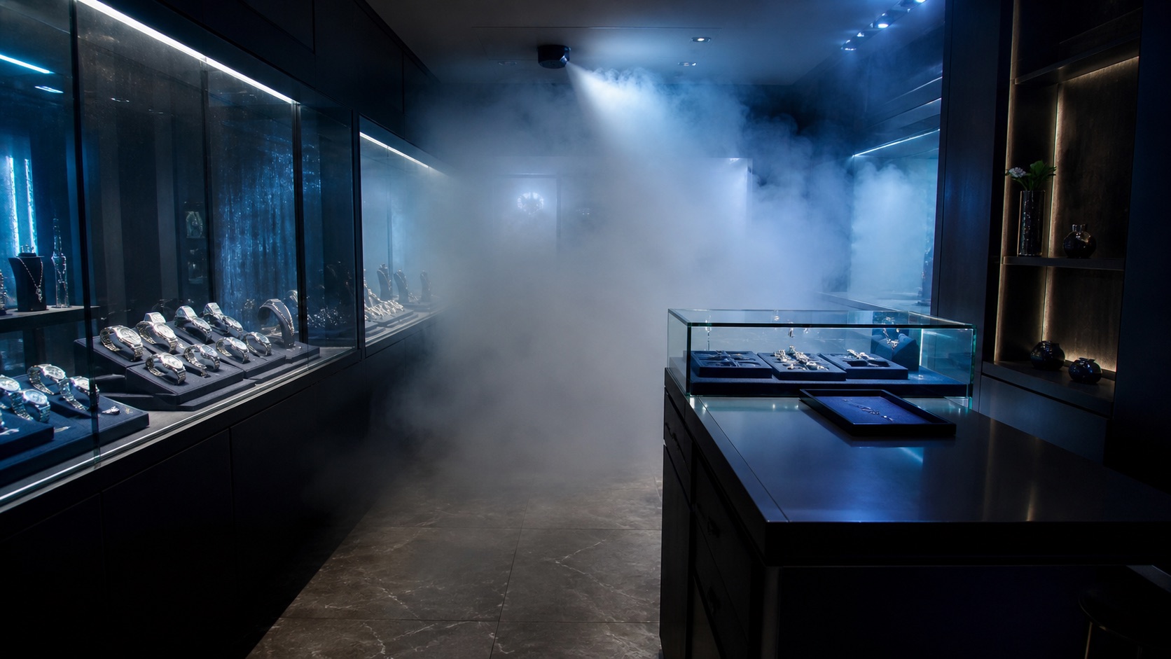 Brouillard de sécurité se diffusant dans un commerce fermé