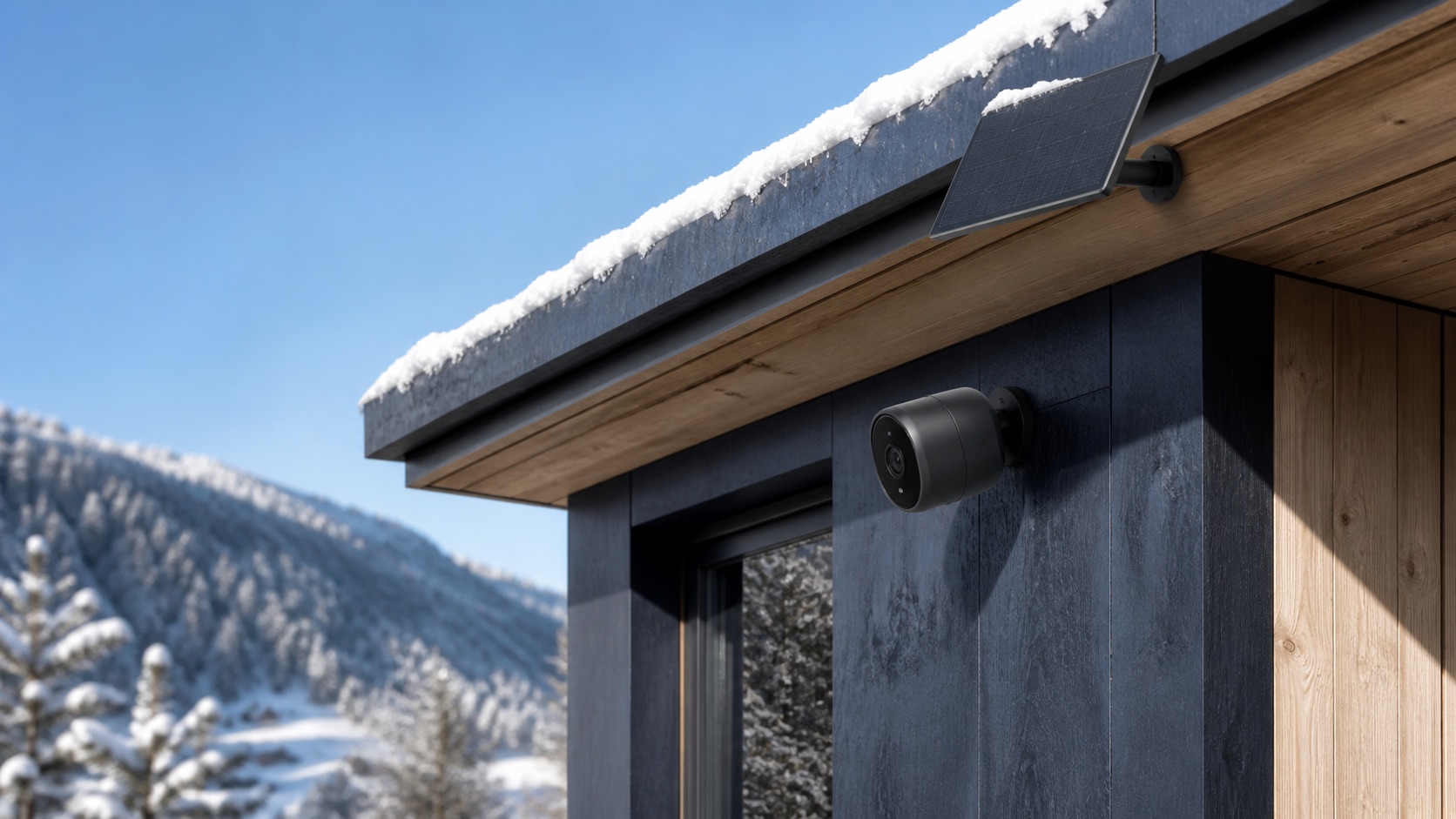 Caméra extérieure sans fil et panneau solaire sous la neige
