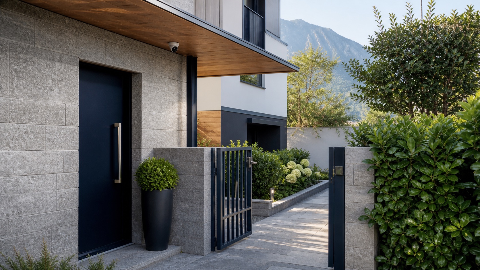 Caméra extérieure cadrant l'entrée privée d'une maison suisse