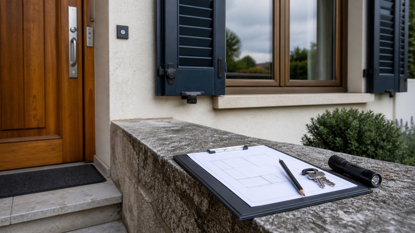 Audit des accès d'une maison avec plan, clés et lampe