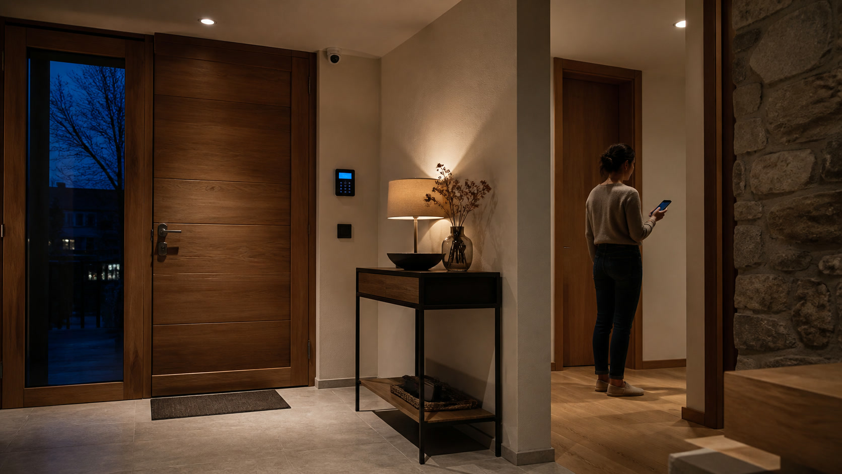Entrée sécurisée d'une maison suisse occupée pendant la nuit