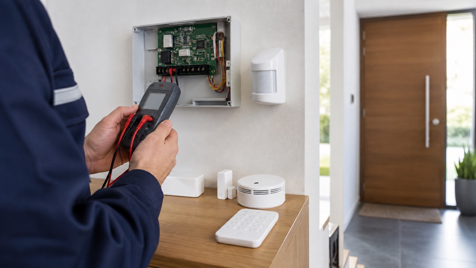 Technicien testant une centrale d'alarme dans une maison