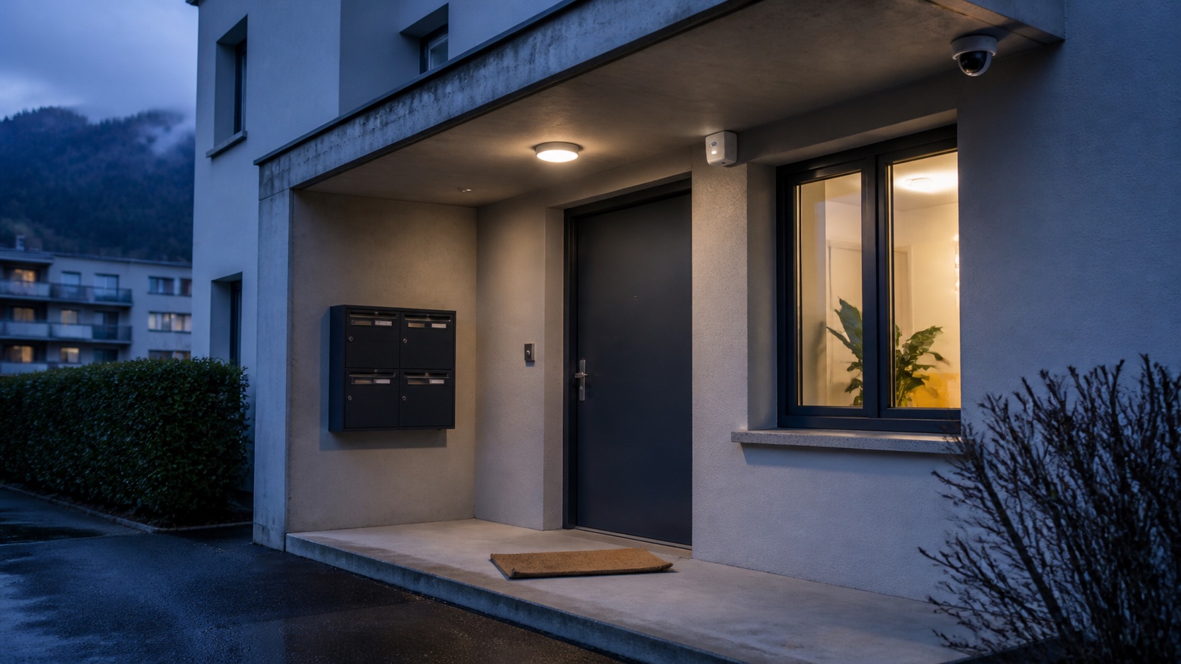 Entrée surveillée d'un immeuble résidentiel suisse au petit matin